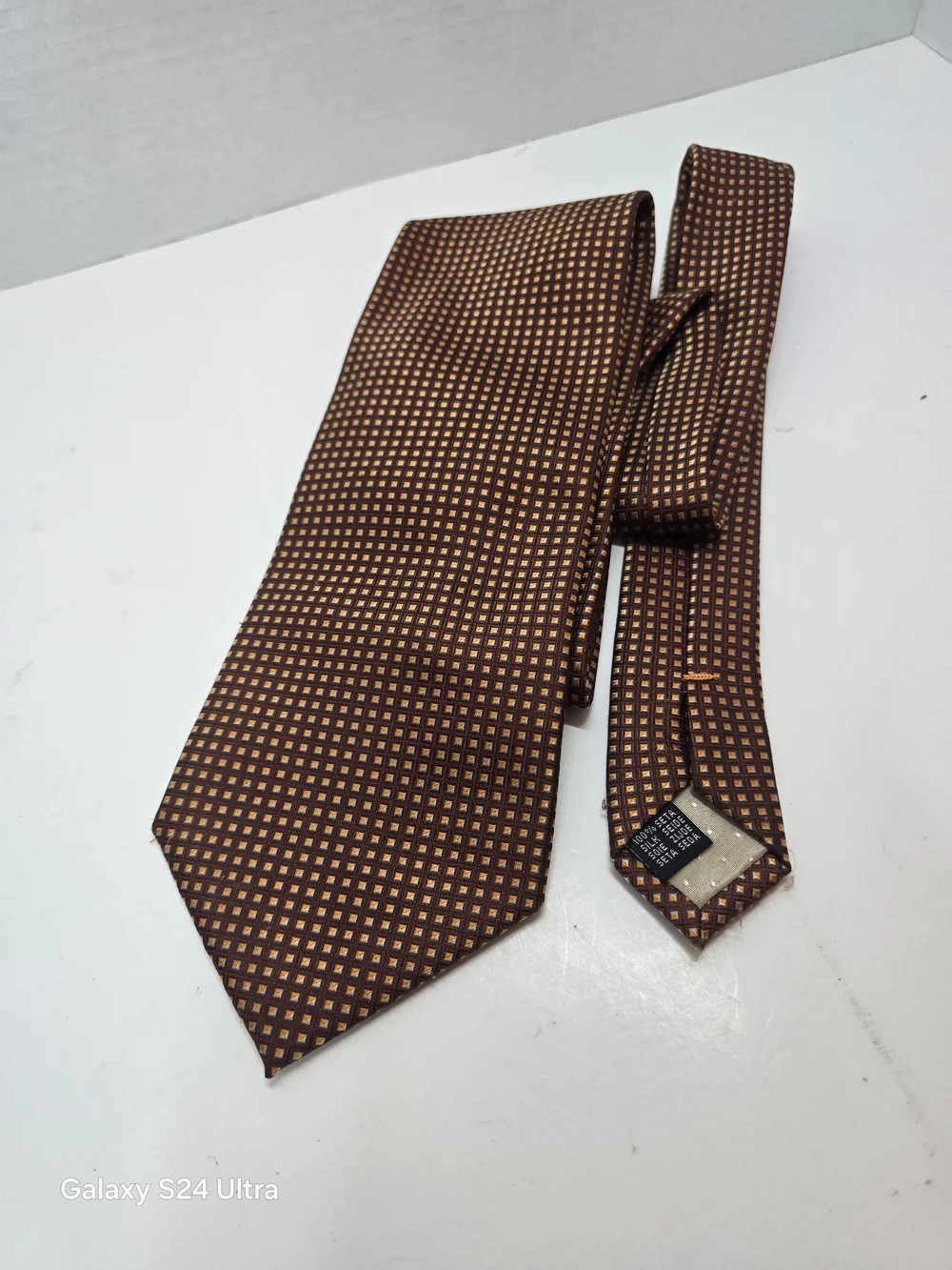 Pietro Baldini Men's Brown and Gold Grid Pattern 100% Silk Necktie Tie
